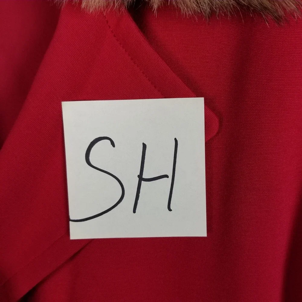 Chico's Double Breasted Jacket Womens 3 Red Faux Fur Collar Stretch Peacoat